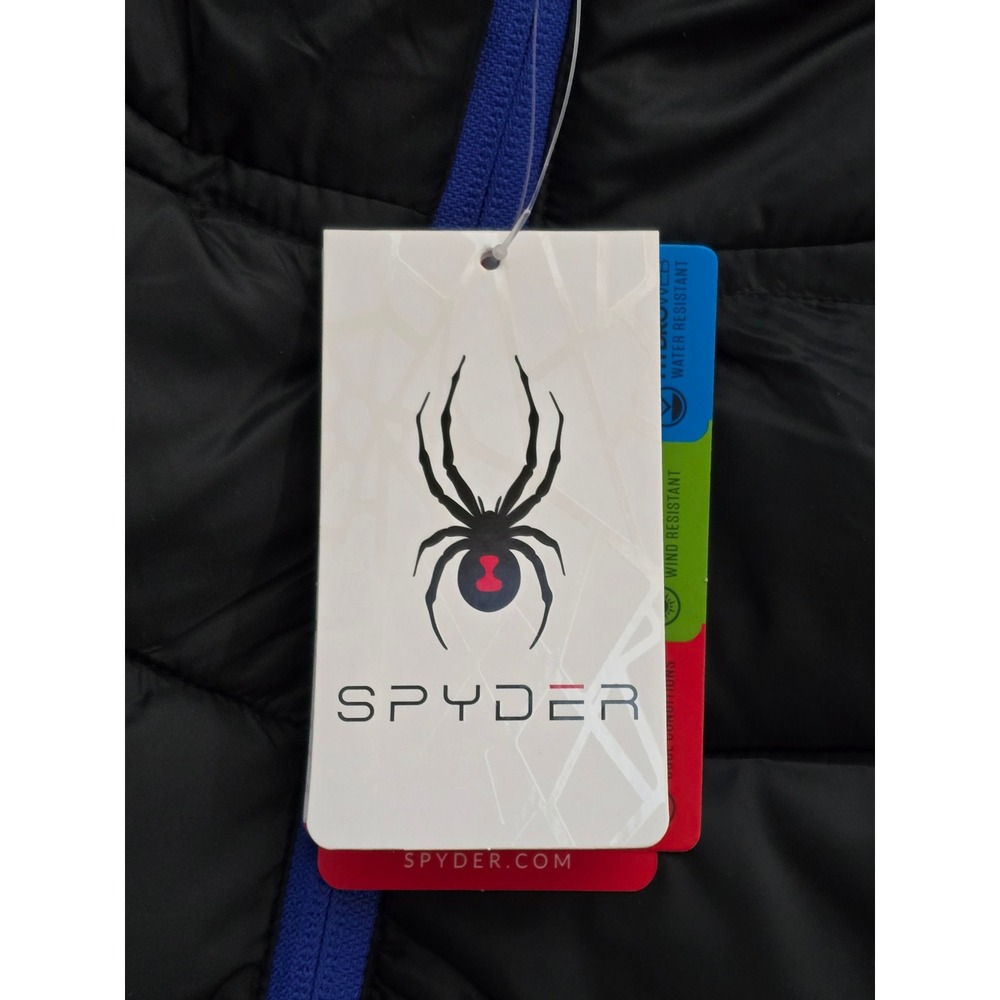 Spyder Mens Black Blue Hooded Puffer Jacket ThermoWeb Retail $199 Medium NWT NEW - Picture 10 of 12